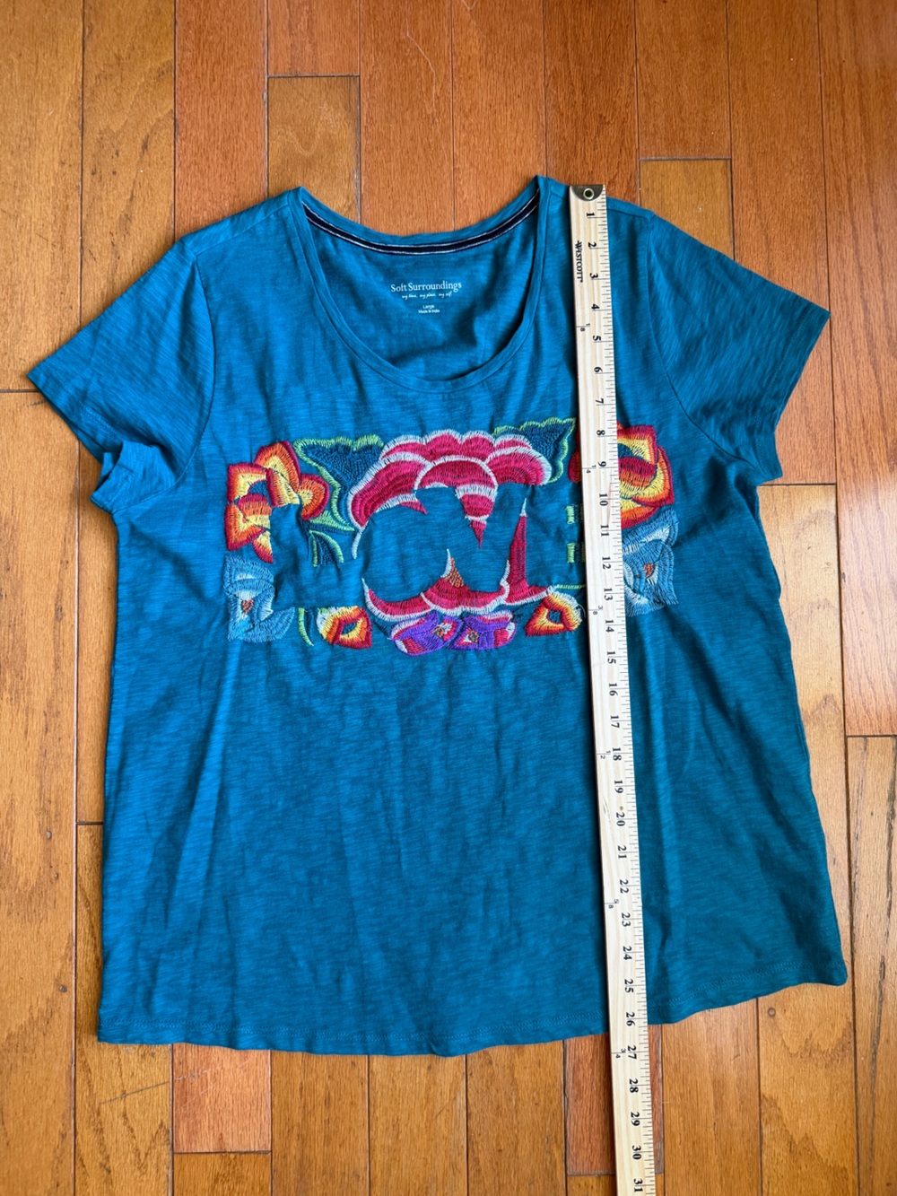 Soft Surroundings Teal Organic Cotton Shirt Floral Embroidered Size Large Top - Picture 5 of 6